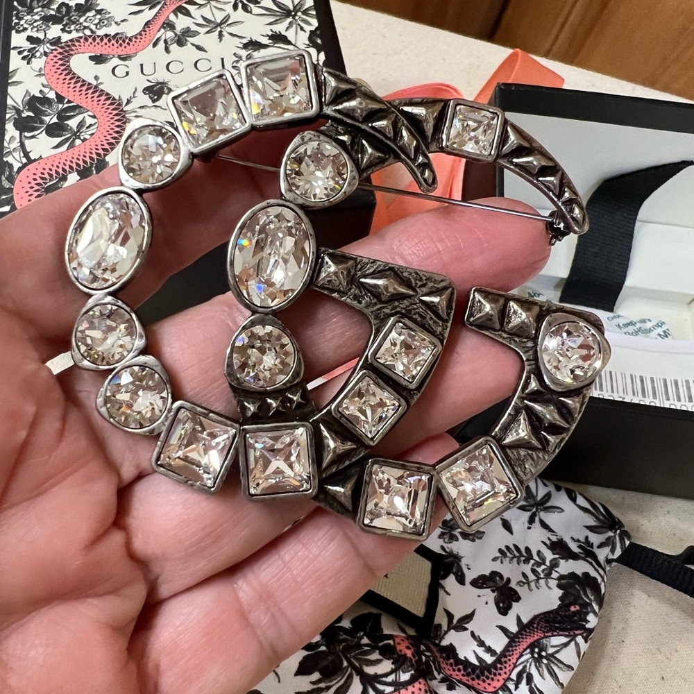 Gucci Silver Crystal Brooch Large with Crystals Marmont Collection Sparkly!
